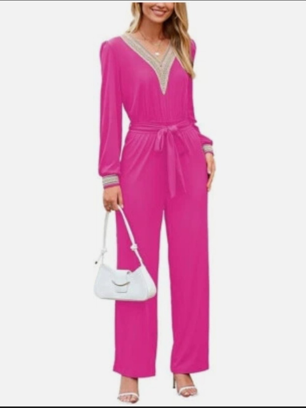 Nwot Hot Pink Long-Sleeve Crochet-Trim Jumpsuit